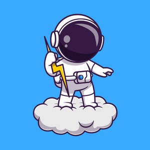 Astronauta de dibujos animados sosteniendo un rayo en una nube SVG Ilustración dibujada a mano Lindo astronauta Clipart Vector Silueta Archivos de corte para Cricut PNG