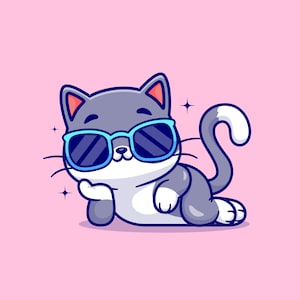 Hand getekende cartoon kat in zonnebril illustratie SVG clipart schattig pluizig kitten tekening vector cut-bestanden voor de Cricut commercieel gebruik PNG JPG