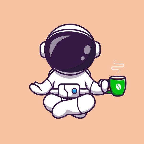 Hand Drawn Yoga Cartoon Astronaut SVG Spaceman with Coffee Digital illustration Vector Silhouette Cut files for Cricut Instant Download PNG