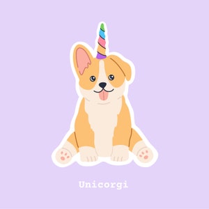 Hand Drawn Cartoon Corgi Unicorn SVG with Colorful Rainbow Horn Sticker Adorable Magic Kawaii Pet Smiling Dog illustration Clipart PNG JPG