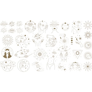 Handgetekende mystieke astrologie elementen SVG bundel magische ruimte planeten sterren met vrouwelijke handen en gezichten illustratie Cliparts Set PNG JPG