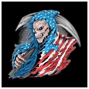 Hand gezeichneter Sensenmann in den Farben der amerikanischen Flagge SVG Engel des Todes USA Flagge Backgrfund Clipart Vektor Silhouette Schnittdatei für Cricut PNG JPG