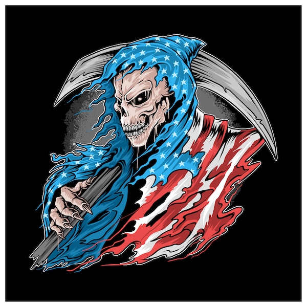 Hand Drawn Grim Reaper in American Flag Colors SVG Angel of Death Usa Flag Backgrpound Clipart Vector Silhouette Cut file for Cricut PNG JPG