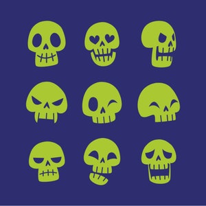 Ręcznie rysowane zielone sylwetki czaszki SVG Bundle Halloween zabawny szkielet clipart zestaw wektor pliki do cięcia dla Cricut Digital Drawing PNG JPG eps