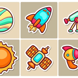 Paquete SVG de pegatinas de doodle espacial dibujadas a mano, conjunto de imágenes prediseñadas de dibujos animados de cohetes solares, satélites, transbordadores, siluetas vectoriales de galaxias, archivo de corte para Cricut PNG