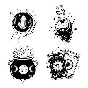 Handgetekende tarotkaarten platte esotherische elementen SVG bundel gesneden bestanden voor de Cricut tarot dek clipart digitale download silhouet vector png jpg