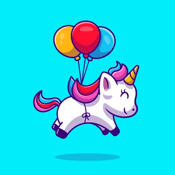 Cute Tiny Flying Unicorn PNG SVG Floating Colorful Baloons Magical Fairy Animal Cut Files for Cricut Digital Download Vector Silhouette jpg