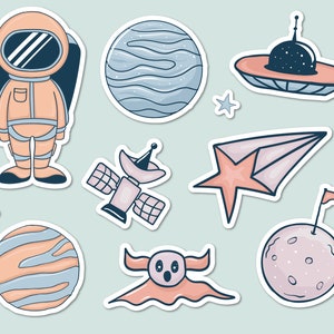 Handgezeichnete süße Weltraum Aufkleber SVG Bundle Universum Ufo Alien Planet Astronaut Cliparts Set Vektor Schnitt Dateien für Cricut Digital Download PNG