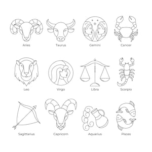 Pacote SVG de signos do horóscopo lineares desenhados à mão, clipart minimalista de signos do zodíaco, arquivos de corte vetoriais para Cricut Digital Download Silhouette PNG