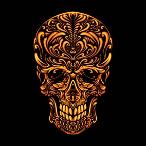 Calavera dorada con adornos barrocos SVG Ilustración dibujada a mano Cabeza de esqueleto Clipart Vector Silueta Archivo de corte para Cricut Descarga digital