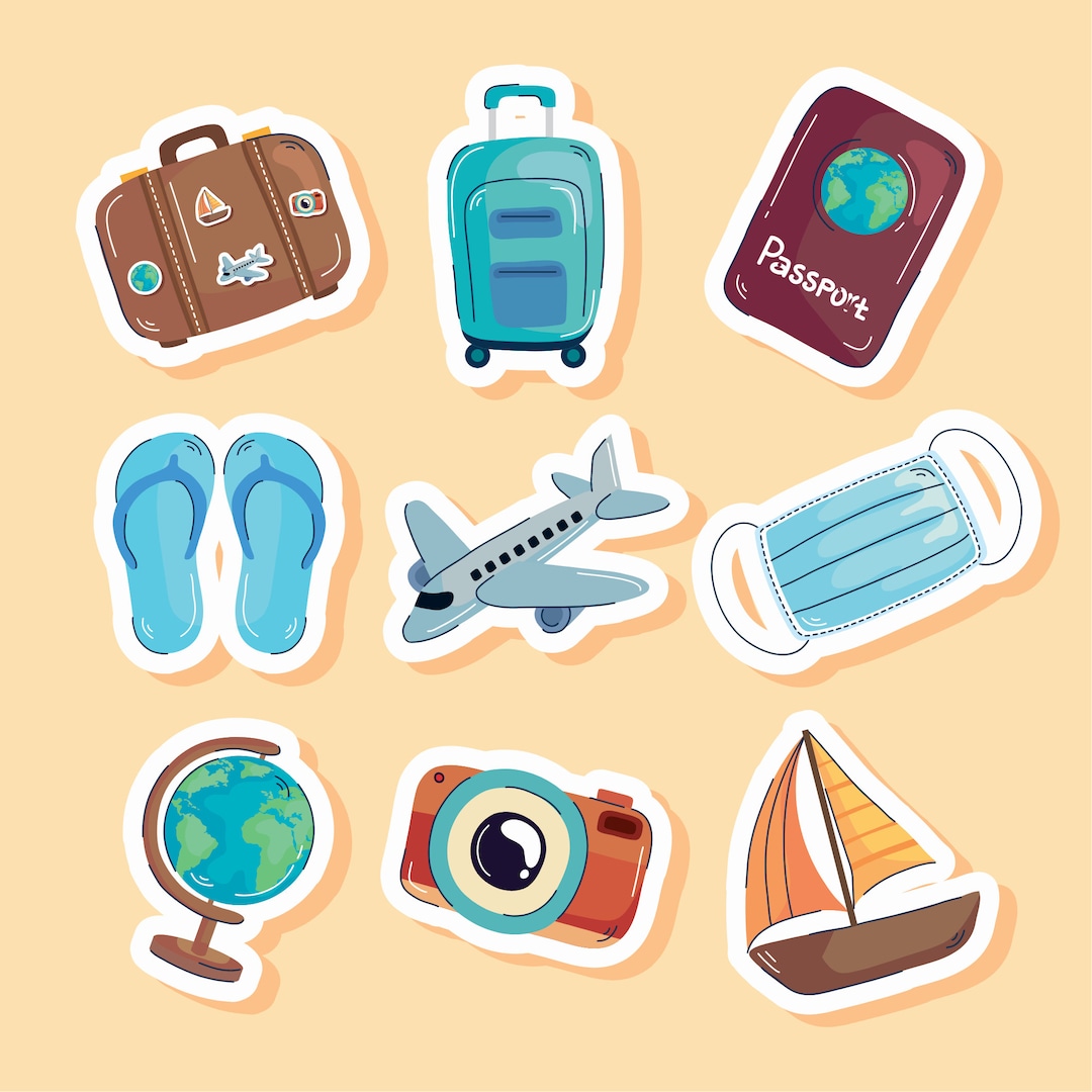 Hand Drawn Travel Stickers SVG Bundle Airplane Camera Globe Passport Face Mask Cartoon Doodle