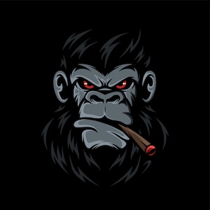 Gorila preto irritado desenhado à mão com olhos vermelhos e charuto SVG ilustração digital logotipo de macaco assustador design silhueta vetorial arquivos de corte Cricut
