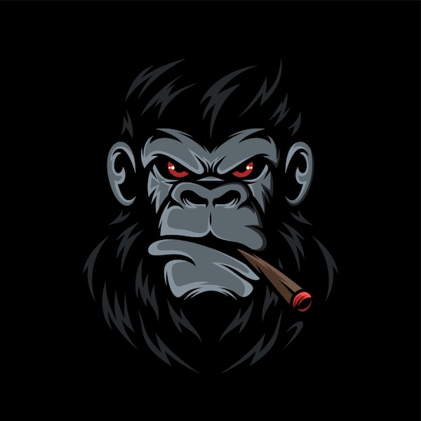 Hand Drawn Angry Black Gorilla with Red Eyes and Cigar SVG Digital illustration Spooky Monkey Logo Design Vector Silhouette Cricut Cut files