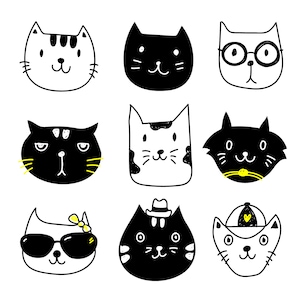 Conjunto de cabeças de gato desenhadas à mão SVG Mega Bundle Arquivos vetoriais de gatos png jpg dxf silhueta Download digital