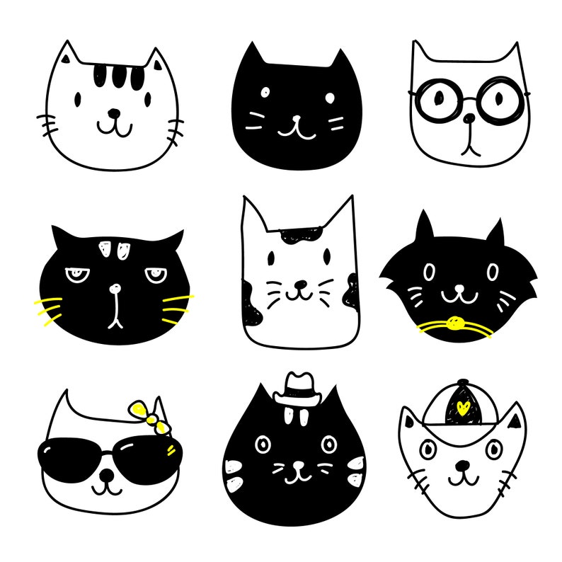 May include: A collection of nine whimsical cat faces in a hand-drawn style. Each cat has a unique expression and design, with variations in color and accessories, including glasses, sunglasses, and hats. The cats are primarily black and white.