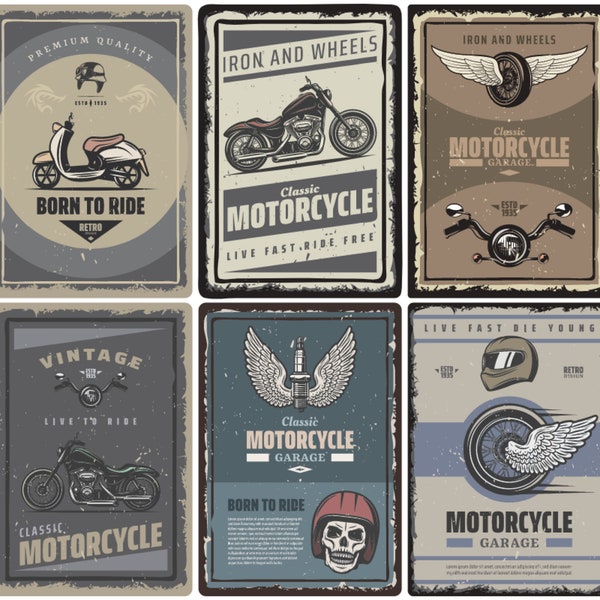 Handgetekende vintage motorfietsposters Megabundel Klassieke motorfietsen Scooter Moto Onderdelen Element Set Afdrukbare kaartdekillustratie PNG JPG