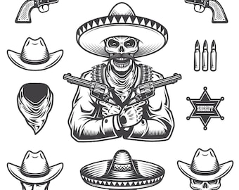 Paquete de imágenes SVG de calaveras de sheriff mexicano: imágenes prediseñadas de esqueletos de gánsteres (descarga digital)
