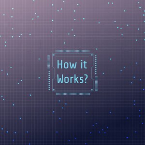 May include: A blue and white digital chip with the text 'How it Works?' on a dark blue background with a grid pattern and light blue dots.