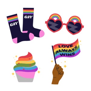 Éléments du mois de la fierté dessinés à la main SVG Bundle Lesbiennes Gay Bi Trans chaussettes lunettes de soleil crème glacée drapeau Clipart coupe fichiers pour téléchargement numérique Cricut