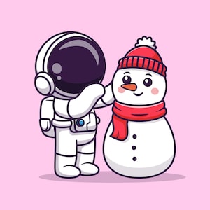 Astronauta de dibujos animados dibujados a mano que construye un lindo muñeco de nieve SVG Clipart de Navidad Año Nuevo Vector Silueta Archivo de corte para Cricut Descarga digital PNG