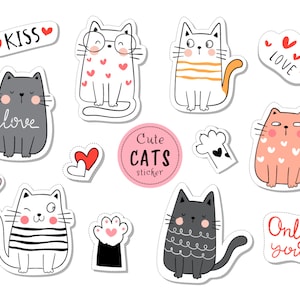 Adesivos de gato fofo desenhados à mão SVG Bundle Cute Pets Kawaii Kitten ilustração Set Animal Cliparts Pack Arquivo de corte para Cricut Digital Download