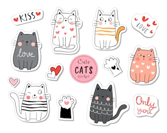 Kawaii Cat Stickers SVG Bundle, Kitten Clipart (Digital Download)