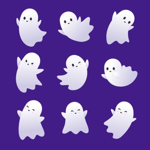Paquete SVG de fantasma kawaii de Halloween dibujado a mano, conjunto de ilustraciones de pequeños fantasmas lindos, paquete de imágenes prediseñadas, archivo de corte vectorial de silueta para Cricut PNG JPG