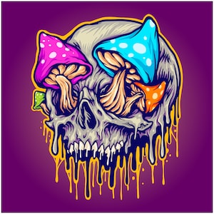 Hand Drawn Melted Skull with Colorful Mushrooms SVG illustration Acid Skeleton Head Clipart Vector Silhouette Cut files for Cricut PNG JPG