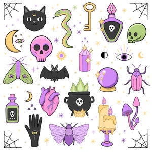 Hand gezeichnetes buntes esoterisches Element SVG-Bundle Tarot, das Clipart-Set Schädel-Fledermaus-Mond-Schlüssel-Gift okkulte Vektor-Silhouette Cricut-Schnitt-Datei setzt