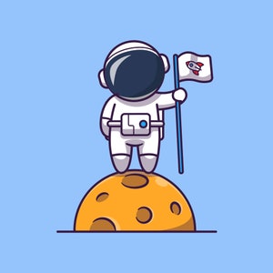 Astronaute drapeau sur la lune dessin animé mascotte SVG dessinés à la main illustration Spaceman Clipart Vector Silhouette coupe fichiers pour téléchargement numérique Cricut