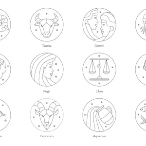 Flat Linear Zodiac Signs SVG Bundle Minimalist Scorpio Cancer Aquarius Pisces Aries Taurus Libra Virgo Clipart Cut files for Cricut png jpg