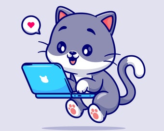 Hand Drawn Cartoon Cat Working on Laptop Illustration SVG Cute - Etsy
