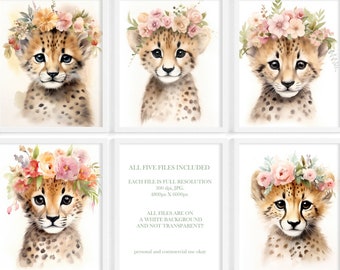 Watercolor Floral Baby Cheetah, Cheetah Wall Print, DIGITAL DOWNLOAD, Floral Crown Animal, Printable DIY Decor, Baby Cheetah Nursery Poster