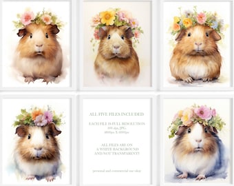 Watercolor Floral Guinea Pig Wall Print, DIGITAL DOWNLOAD, Floral Crown Animals, Piggy Poster, Guinea Pig Lover Gift, Guinea Pig with Flower