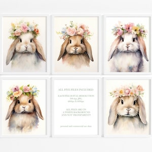 Watercolor Floral Rabbit Wall Art, DIGITAL DOWNLOAD, Floral Crown Bunny, Lop Easter Bunny Poster, Floral Nursery Decor, Woodland Rabbit,