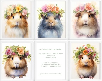 Watercolor Floral Guinea Pig Wall Print, DIGITAL DOWNLOAD, Floral Crown Animals, Piggy Poster, Guinea Pig Lover Gift, Guinea Pig with Flower