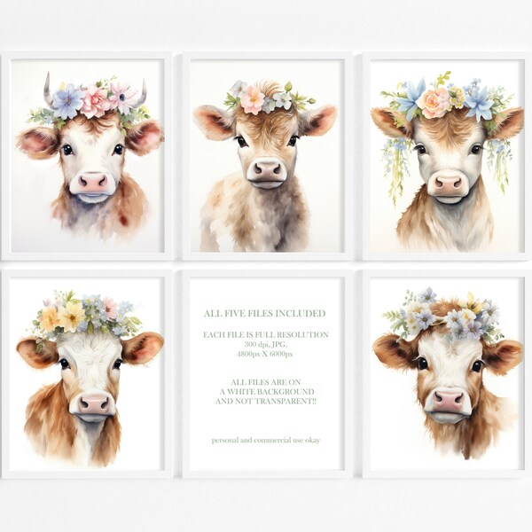 Vaches florales à l'aquarelle, impression murale pour enfant, téléchargement numérique, animaux de la couronne florale, affiche de vache, impressions de vache de pays, oeuvre d'amant de vache, cadeaux de vache