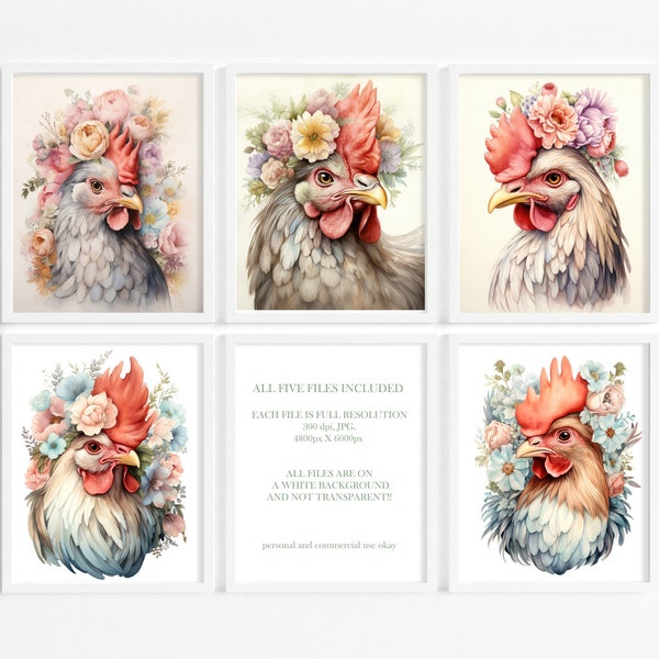 Watercolor Floral Chicken Wall Print, DIGITAL DOWNLOAD, Floral Crown Animals, Chicken Poster ,Chicken Lover Gift, Farmhouse Kitchen Decor