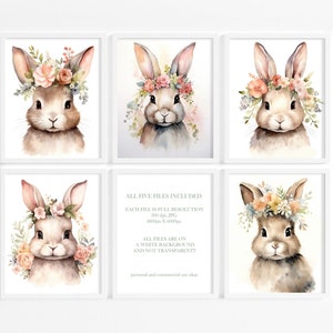 Watercolor Floral Rabbit Wall Art, DIGITAL DOWNLOAD, Floral Crown Animal, Cute Bunny Poster, Floral Nursery Decor, Woodland Rabbit, Easter