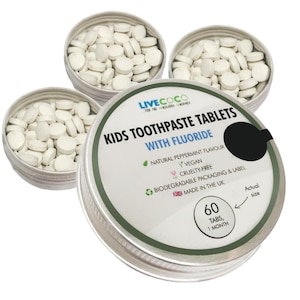 Kids, Buttertermint, Zero Waste Zahnpasta-Tabletten, Fluorid-1000ppm, Vegan, Grausamkeitsfrei, Kompostierbares Label, Hergestellt in England, Kauen auf Tablet