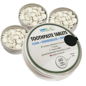 Remineralisierende, aufhellende Zahnpasta-Tabletten, Fluoridfrei, Zero Waste, Vegan, Tierversuchsfrei, kompostierbares Label, Hergestellt in England