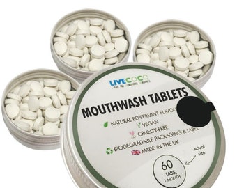 Zero Waste Mouthwash Tablets, Fluoride-free, Peppermint Flavour, Vegan, Cruelty-Free, Compostable Label, Made in England, Chew on tablet