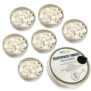 Frische Pfefferminze, Fluorid-1440ppm, Zero Waste Zahnpasta-Tabletten, vegan, tierversuchsfrei, kompostierbares Label, hergestellt in England, kauen auf Tablette
