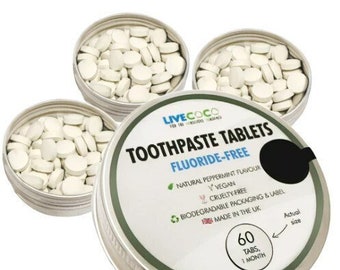 Frische Pfefferminze, Fluorid-1440ppm, Zero Waste Zahnpasta-Tabletten, vegan, tierversuchsfrei, kompostierbares Label, hergestellt in England, kauen auf Tablette