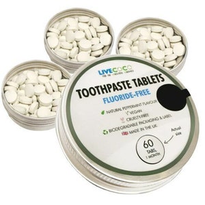 Frische Pfefferminze, Fluorid-1440ppm, Zero Waste Zahnpasta-Tabletten, vegan, tierversuchsfrei, kompostierbares Label, hergestellt in England, kauen auf Tablette