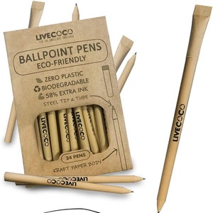Canetas ecológicas, pacote com 24, canetas biodegradáveis de papel kraft e aço, material escolar, canetas esferográficas ecológicas pretas, presentes ecológicos veganos, material de escritório