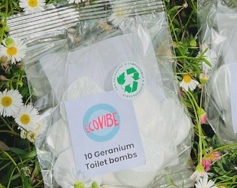 Eco-Toilet Bomb Cleaners, Geranium, Essential Oils, UK Handmade, Biodegradable plastic packaging, Septic tanks safe, 10 Toilet Bombs