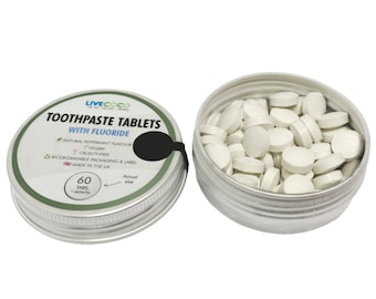 Frische Pfefferminze, Fluorid-1440ppm, Zero Waste Zahnpasta-Tabletten, vegan, tierversuchsfrei, kompostierbares Label, hergestellt in England, kauen auf Tablette