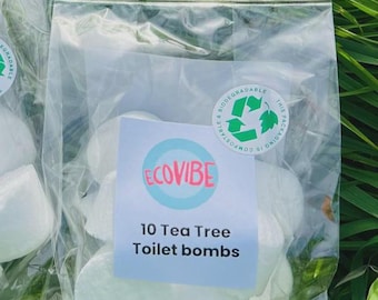 Eco-Toilet Bomb Cleaners, Tea Tree, Essential Oils, UK Handmade, Biodegradable plastic packaging, Septic tanks safe, 10 Toilet Bombs
