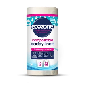 May include: A roll of compostable caddy liners. The product is labeled "ecozone" with the text "make your home an ecozone." The packaging is white with blue and pink accents. The text "Extra strong & durable" is also visible.